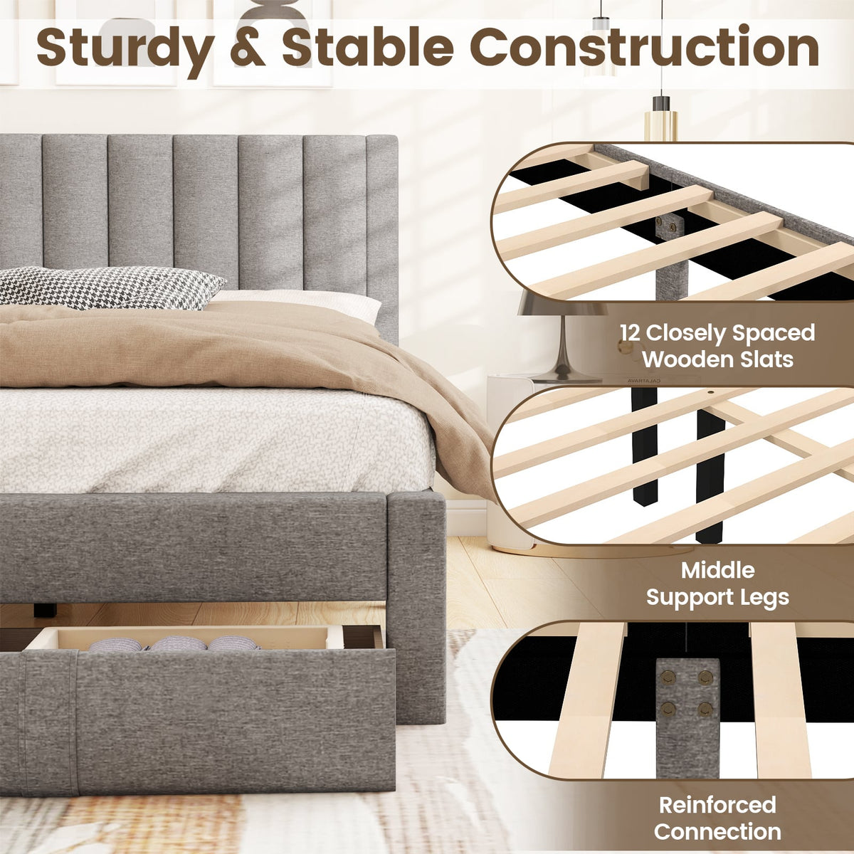 Queen Size Bed Frame with Storage Drawer and Vertical Channel Headboard-Gray-Simple Bed Frame-DECOROLALA