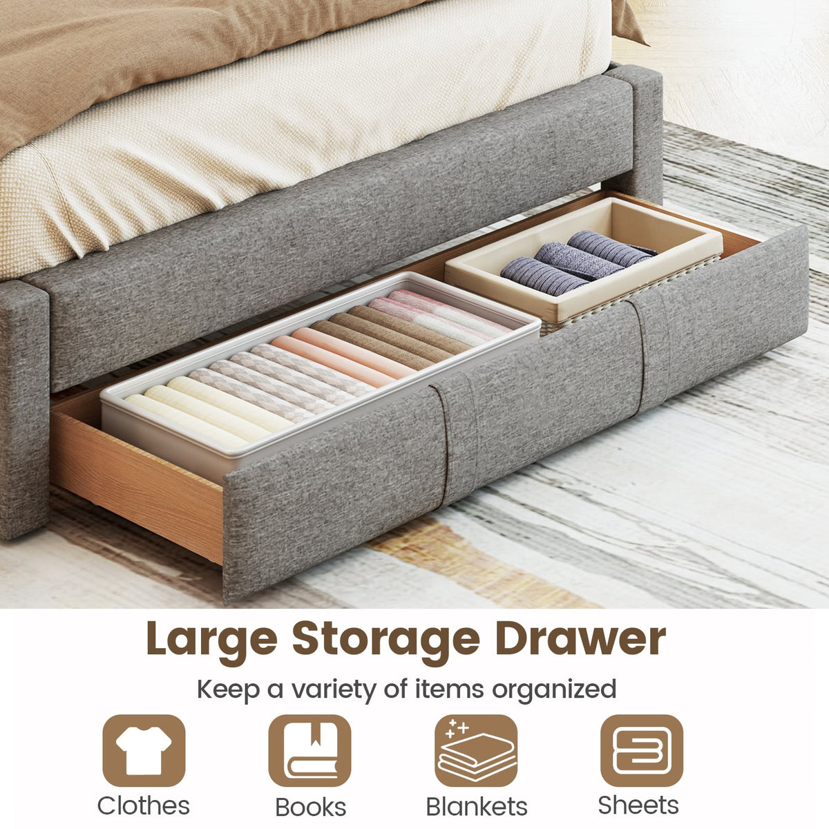 Queen Size Bed Frame with Storage Drawer and Vertical Channel Headboard-Gray-Simple Bed Frame-DECOROLALA