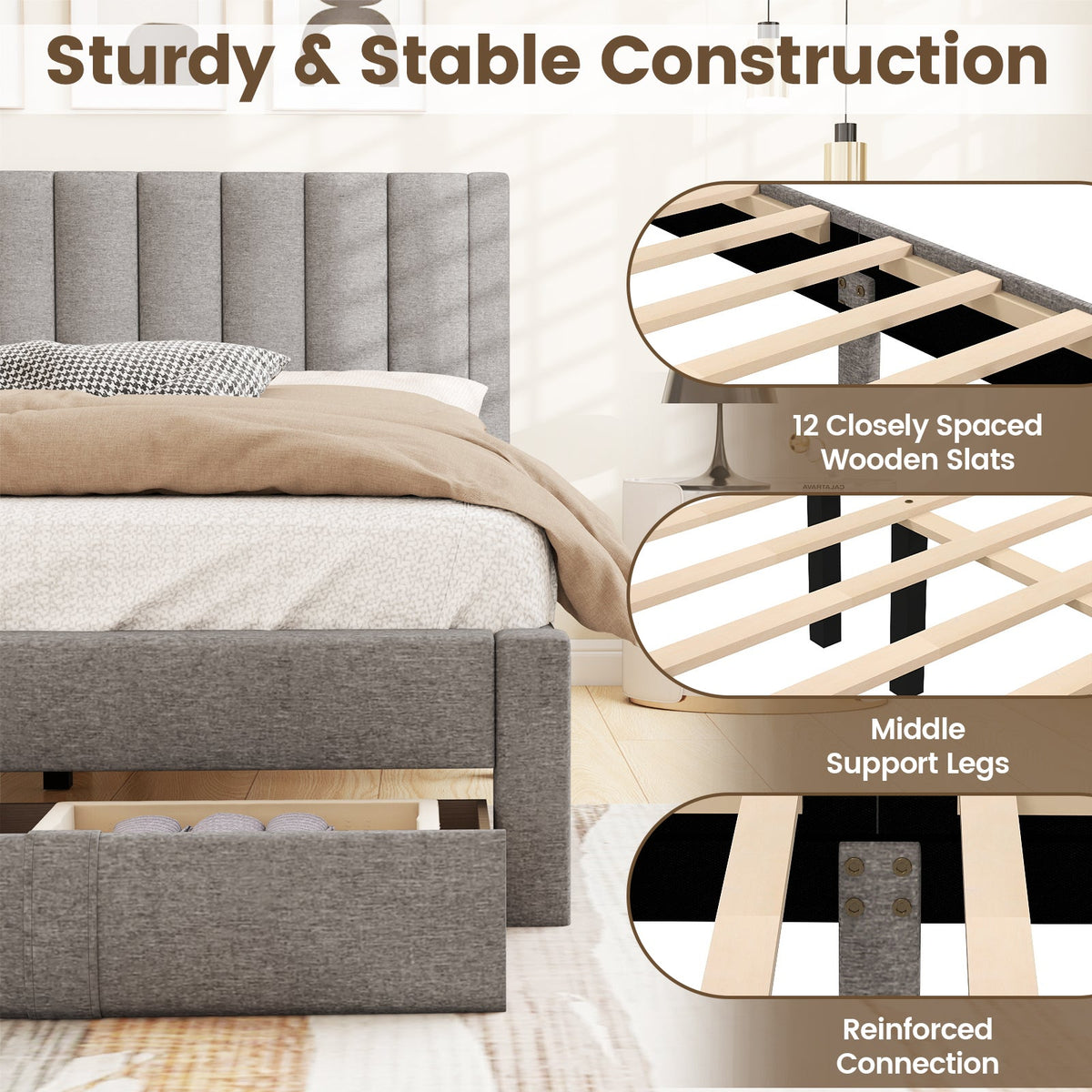 Queen Size Bed Frame with Storage Drawer and Vertical Channel Headboard-Simple Bed Frame-DECOROLALA