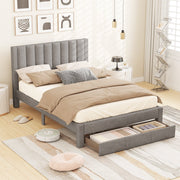 Queen Size Bed Frame with Storage Drawer and Vertical Channel Headboard-Simple Bed Frame-DECOROLALA