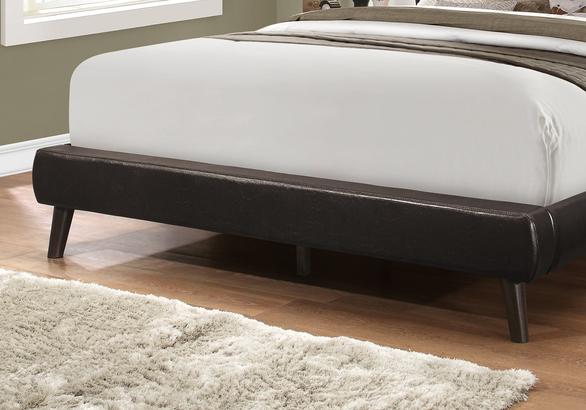 Queen Size Brown Leather-Look Bed with Wood Legs-Bed-DECOROLALA