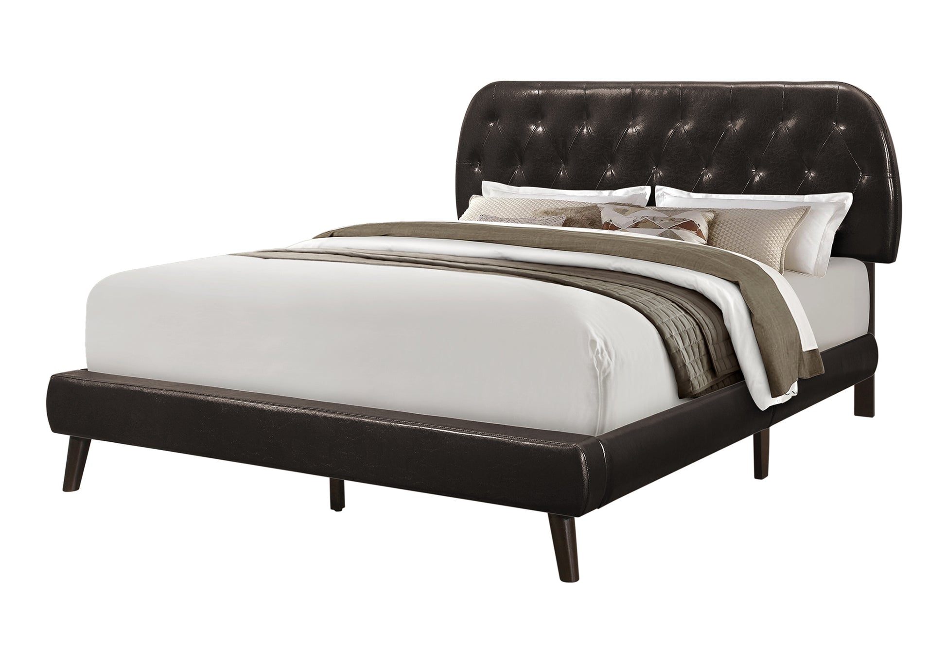Queen Size Brown Leather-Look Bed with Wood Legs-Bed-DECOROLALA