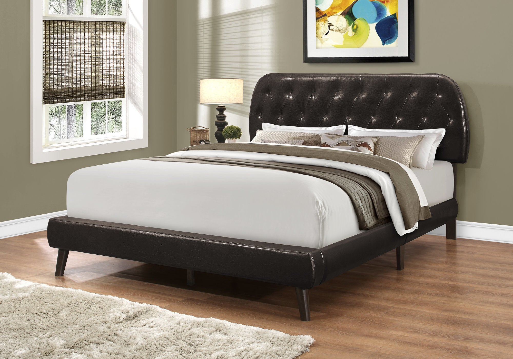 Queen Size Brown Leather-Look Bed with Wood Legs-Bed-DECOROLALA