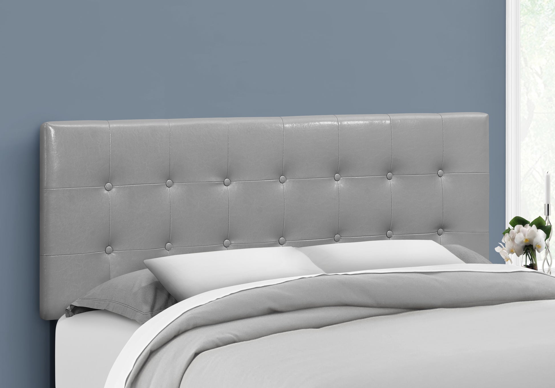 Queen Size Brown Leather-Look Button-Tufted Headboard-Bed-DECOROLALA