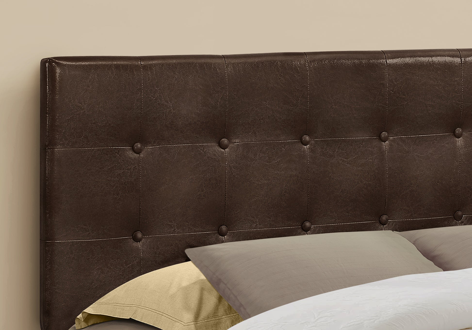 Queen Size Brown Leather-Look Button-Tufted Headboard-Bed-DECOROLALA