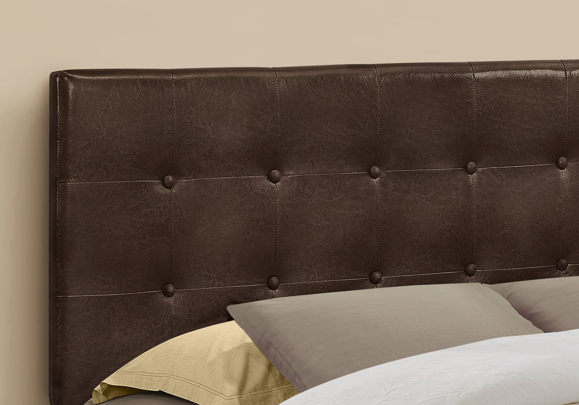 Queen Size Brown Leather-Look Button-Tufted Headboard-Bed-DECOROLALA