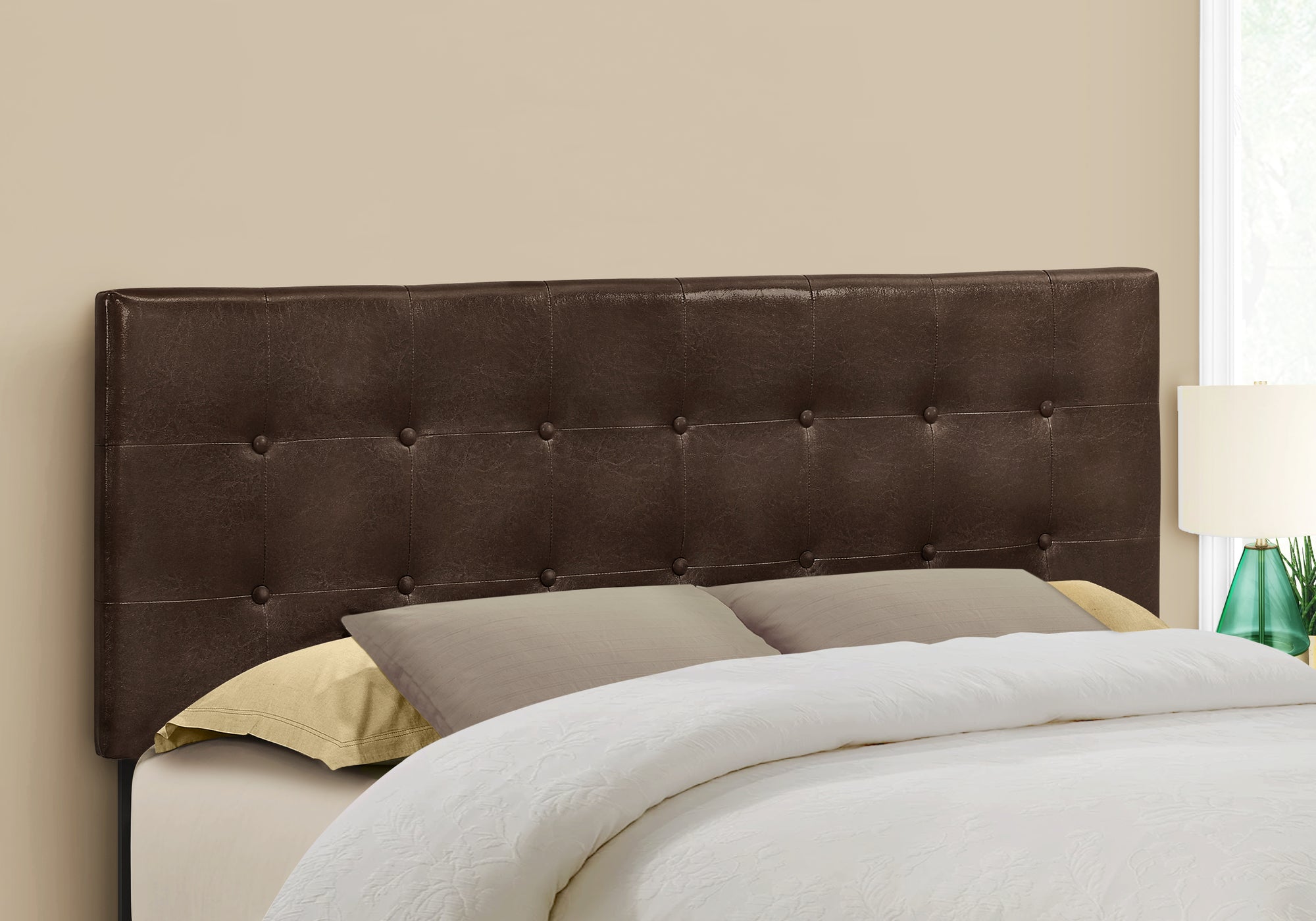 Queen Size Brown Leather-Look Button-Tufted Headboard-Bed-DECOROLALA