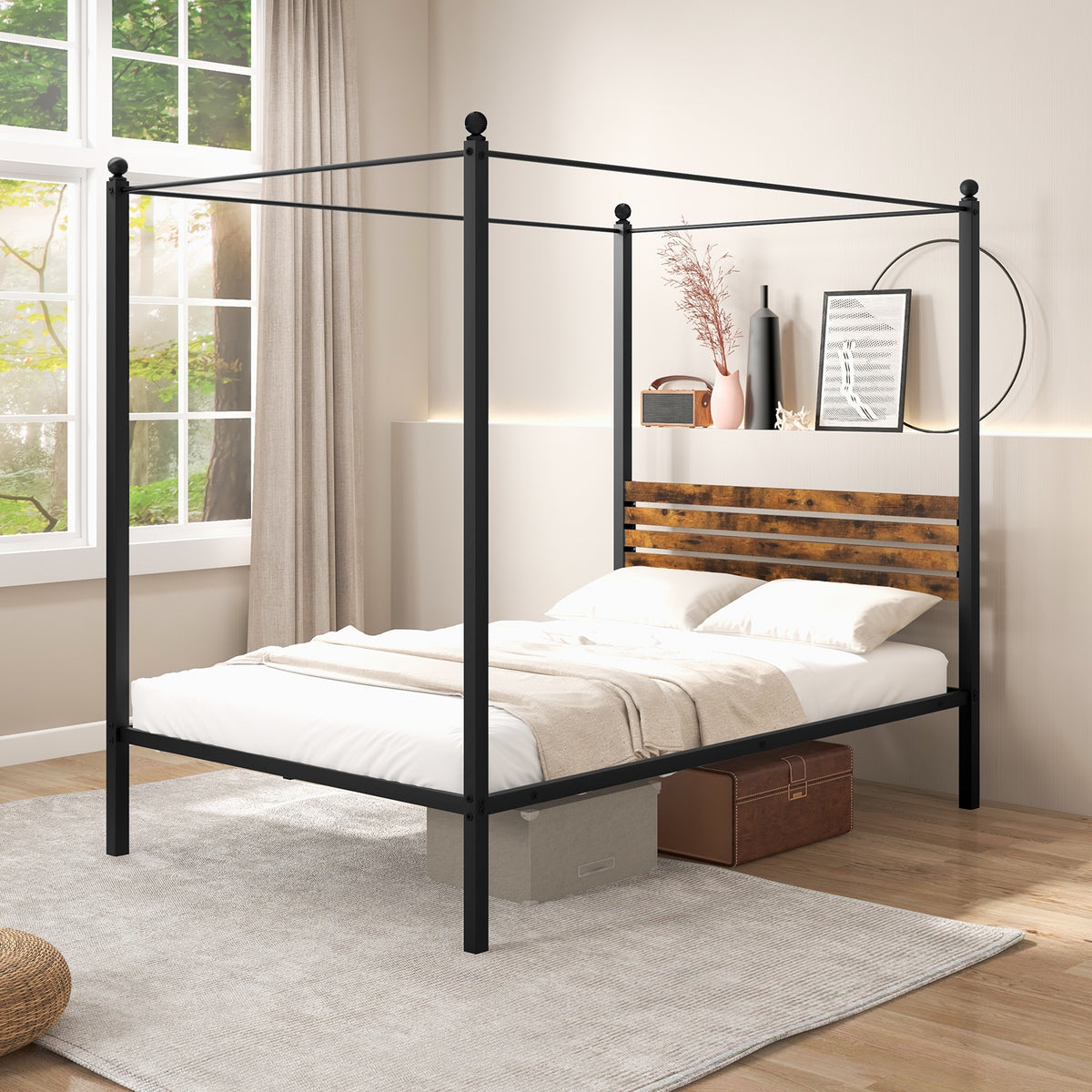 Queen Size Canopy Bed Frame with Under Bed Storage-Full Size-Simple Bed Frame-DECOROLALA