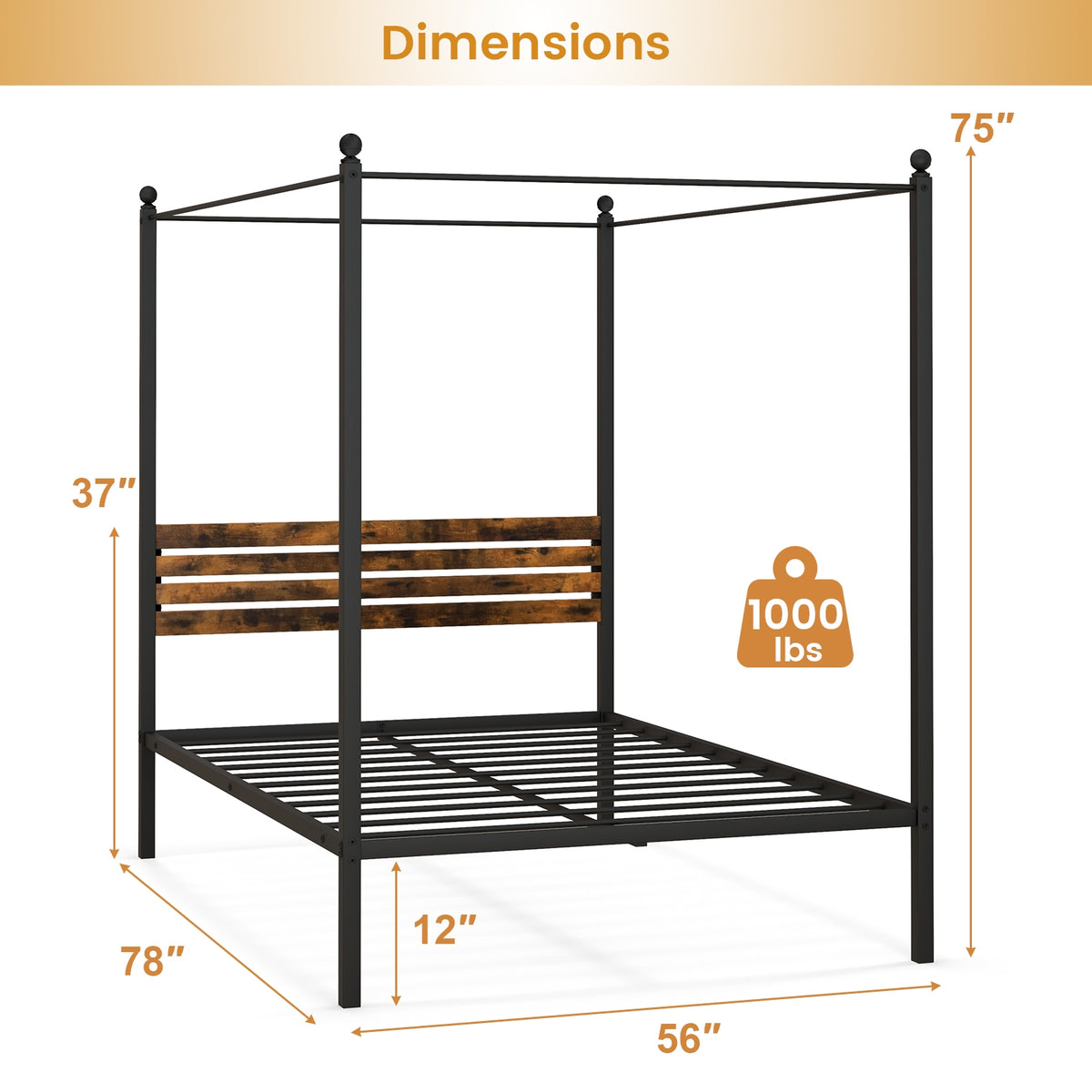 Queen Size Canopy Bed Frame with Under Bed Storage-Full Size-Simple Bed Frame-DECOROLALA