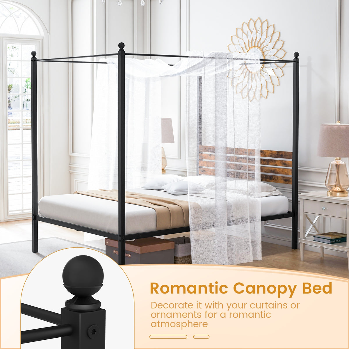 Queen Size Canopy Bed Frame with Under Bed Storage-Full Size-Simple Bed Frame-DECOROLALA
