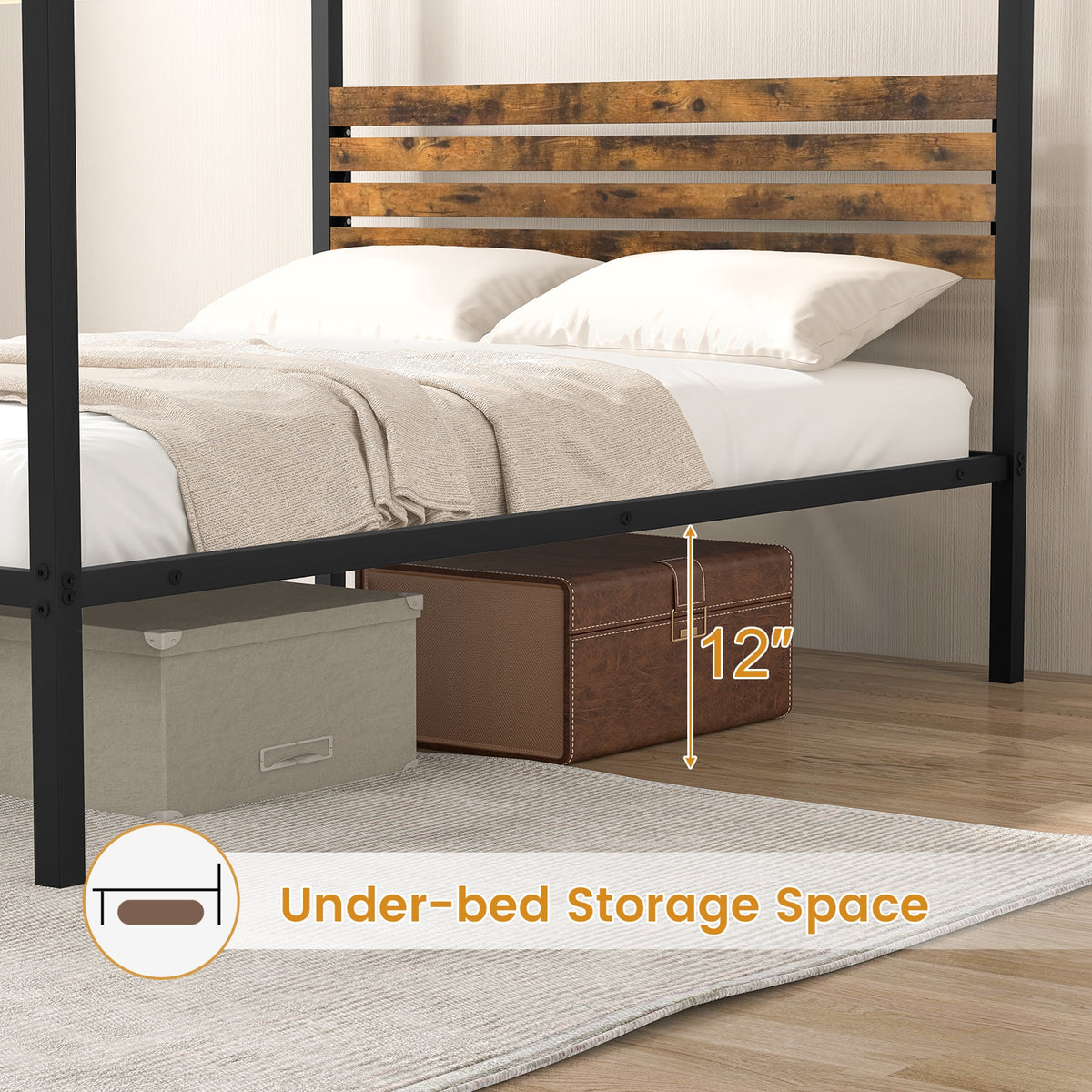 Queen Size Canopy Bed Frame with Under Bed Storage-Full Size-Simple Bed Frame-DECOROLALA
