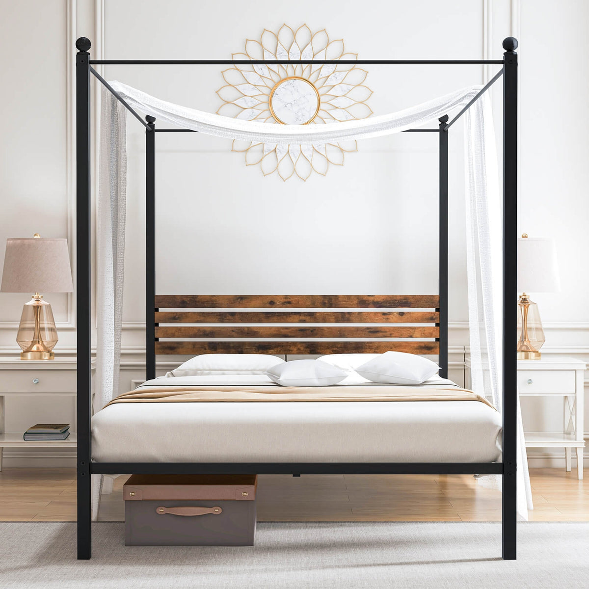 Queen Size Canopy Bed Frame with Under Bed Storage-Queen Size-Simple Bed Frame-DECOROLALA