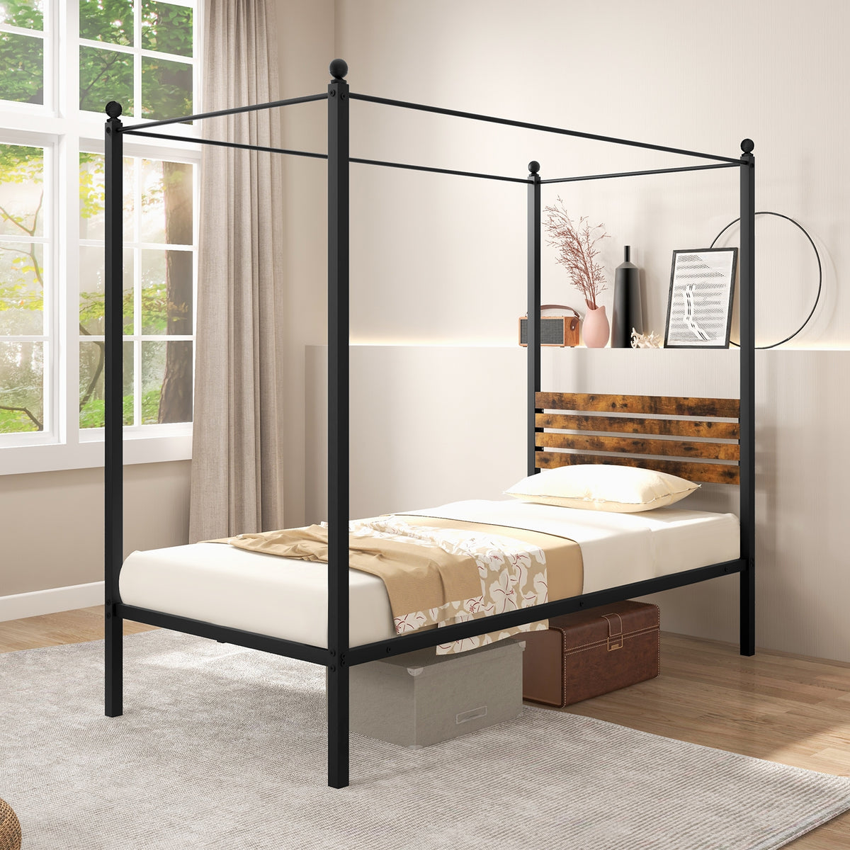 Queen Size Canopy Bed Frame with Under Bed Storage-Twin Size-Simple Bed Frame-DECOROLALA
