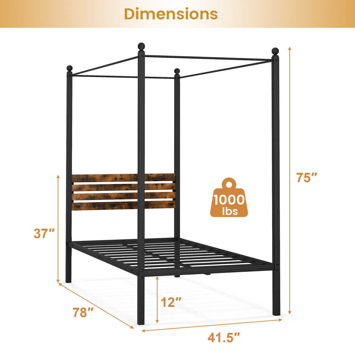 Queen Size Canopy Bed Frame with Under Bed Storage-Twin Size-Simple Bed Frame-DECOROLALA