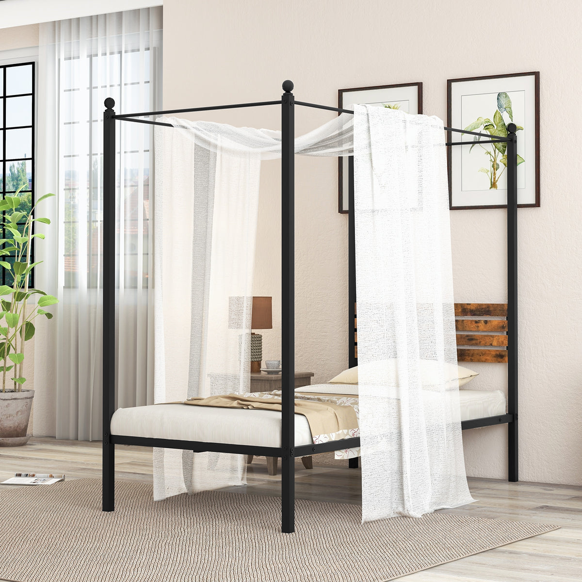 Queen Size Canopy Bed Frame with Under Bed Storage-Twin Size-Simple Bed Frame-DECOROLALA