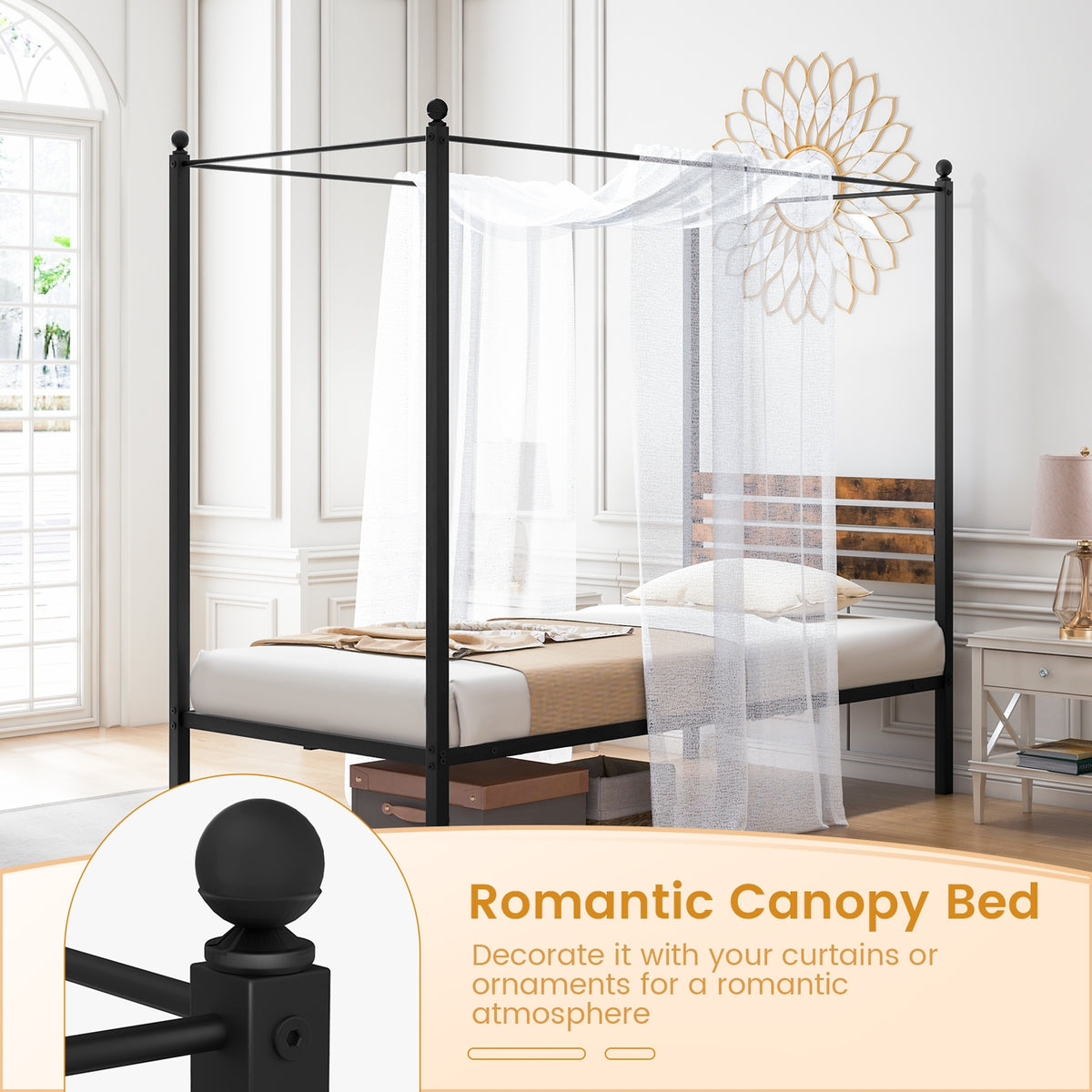 Queen Size Canopy Bed Frame with Under Bed Storage-Twin Size-Simple Bed Frame-DECOROLALA