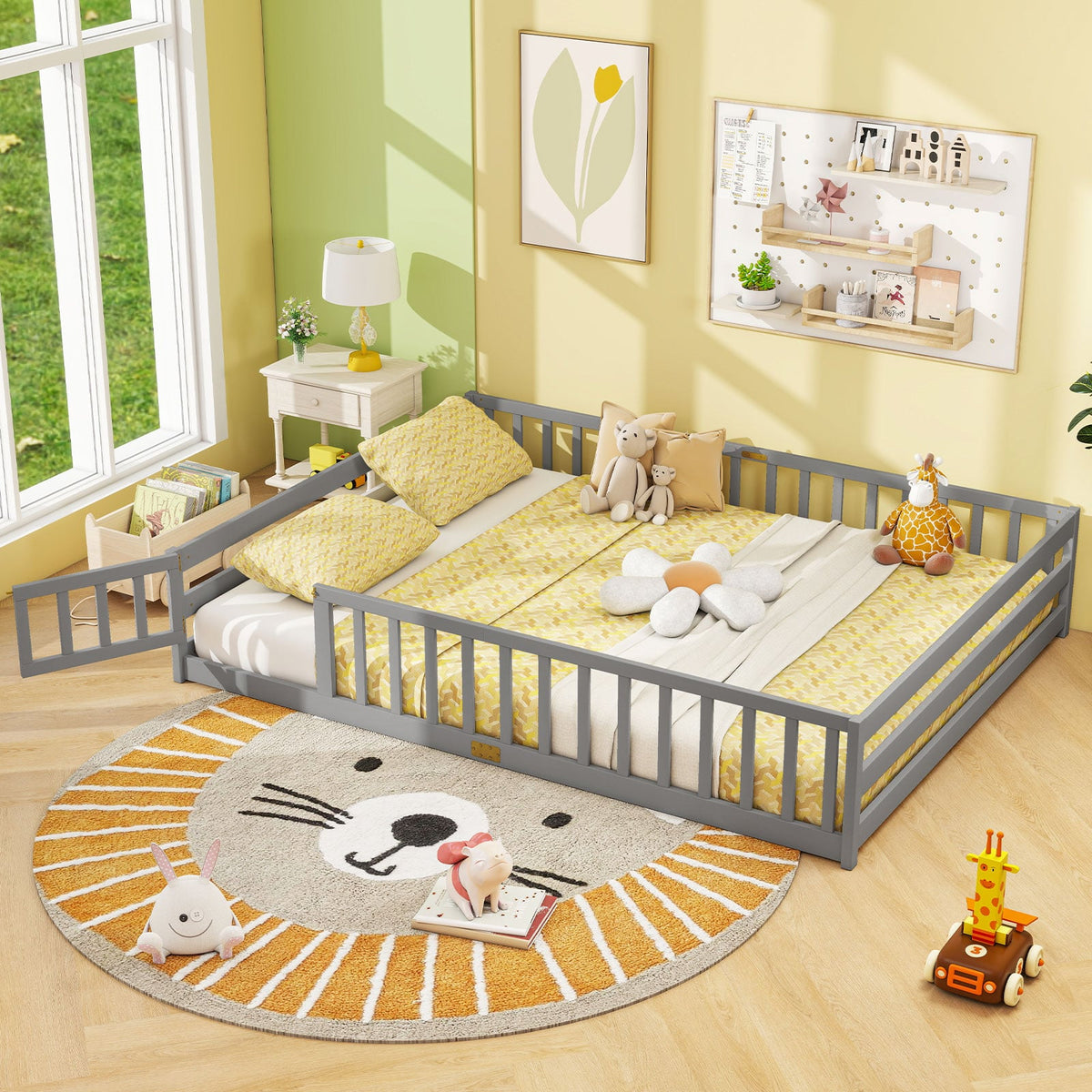 Queen Size Floor Bed Kids Montessori Bed Frame with Full Length Safety Guardrails-Gray-Simple Bed Frame-DECOROLALA