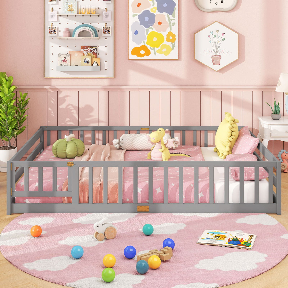 Queen Size Floor Bed Kids Montessori Bed Frame with Full Length Safety Guardrails-Gray-Simple Bed Frame-DECOROLALA