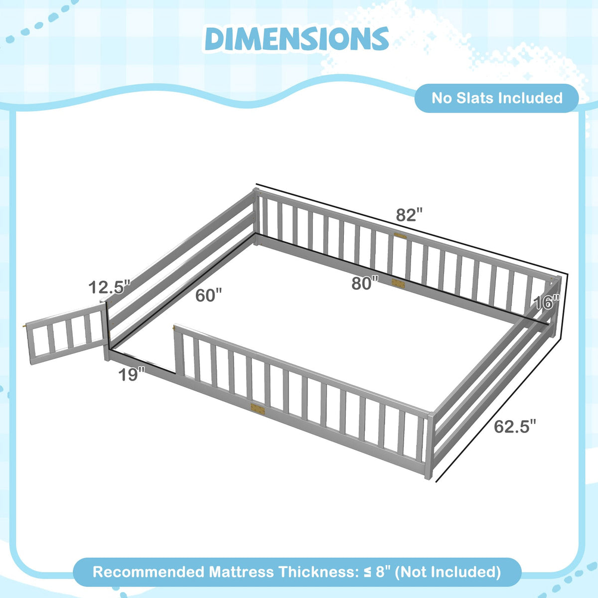 Queen Size Floor Bed Kids Montessori Bed Frame with Full Length Safety Guardrails-Gray-Simple Bed Frame-DECOROLALA