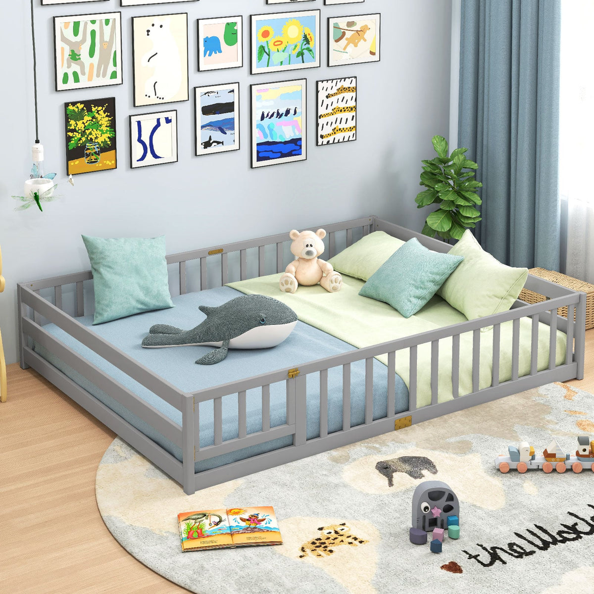 Queen Size Floor Bed Kids Montessori Bed Frame with Full Length Safety Guardrails-Gray-Simple Bed Frame-DECOROLALA