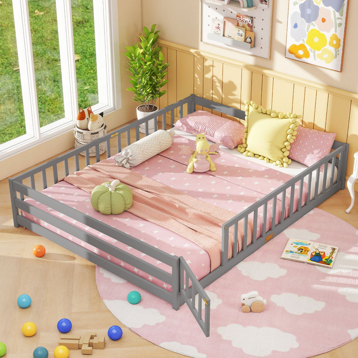 Queen Size Floor Bed Kids Montessori Bed Frame with Full Length Safety Guardrails-Gray-Simple Bed Frame-DECOROLALA