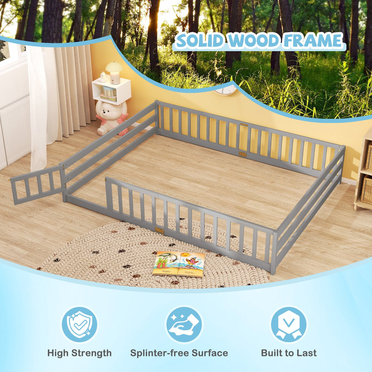 Queen Size Floor Bed Kids Montessori Bed Frame with Full Length Safety Guardrails-Gray-Simple Bed Frame-DECOROLALA