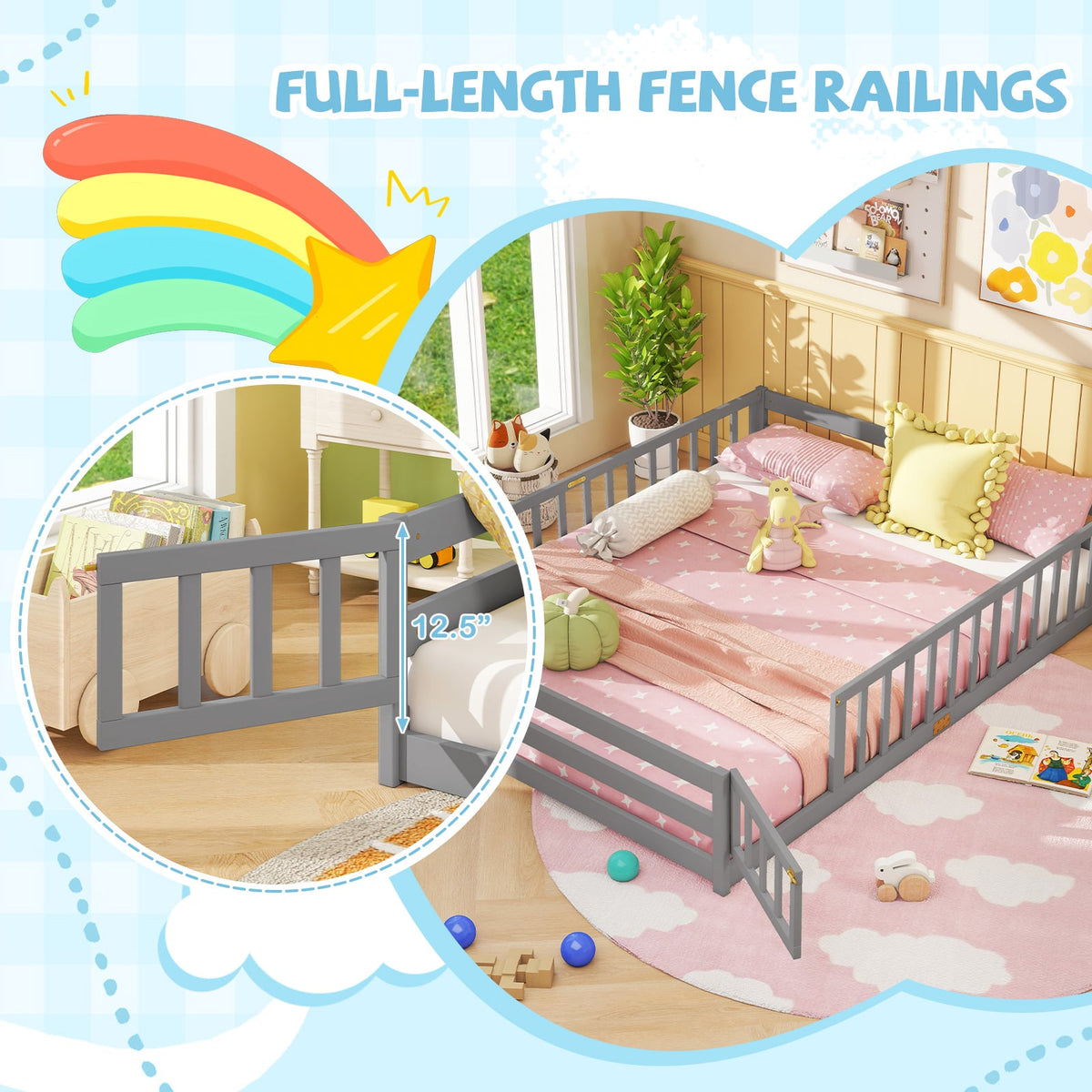 Queen Size Floor Bed Kids Montessori Bed Frame with Full Length Safety Guardrails-Gray-Simple Bed Frame-DECOROLALA