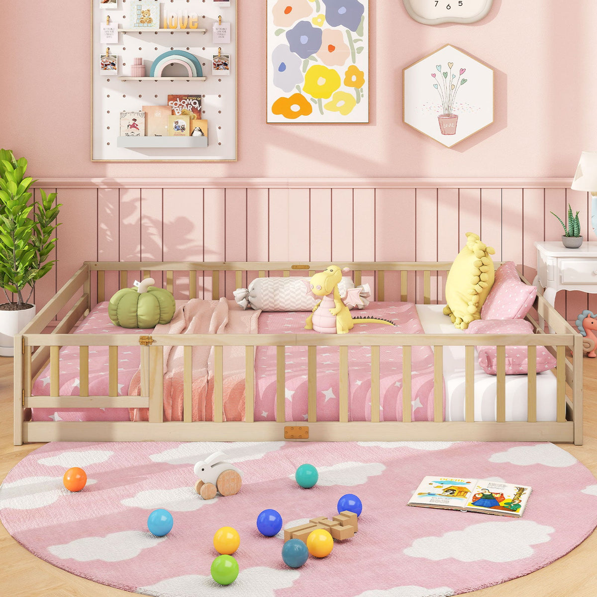 Queen Size Floor Bed Kids Montessori Bed Frame with Full Length Safety Guardrails-Simple Bed Frame-DECOROLALA