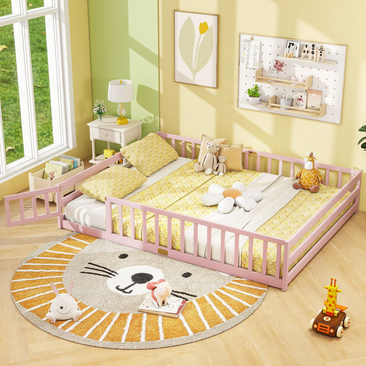 Queen Size Floor Bed Kids Montessori Bed Frame with Full Length Safety Guardrails-Simple Bed Frame-DECOROLALA