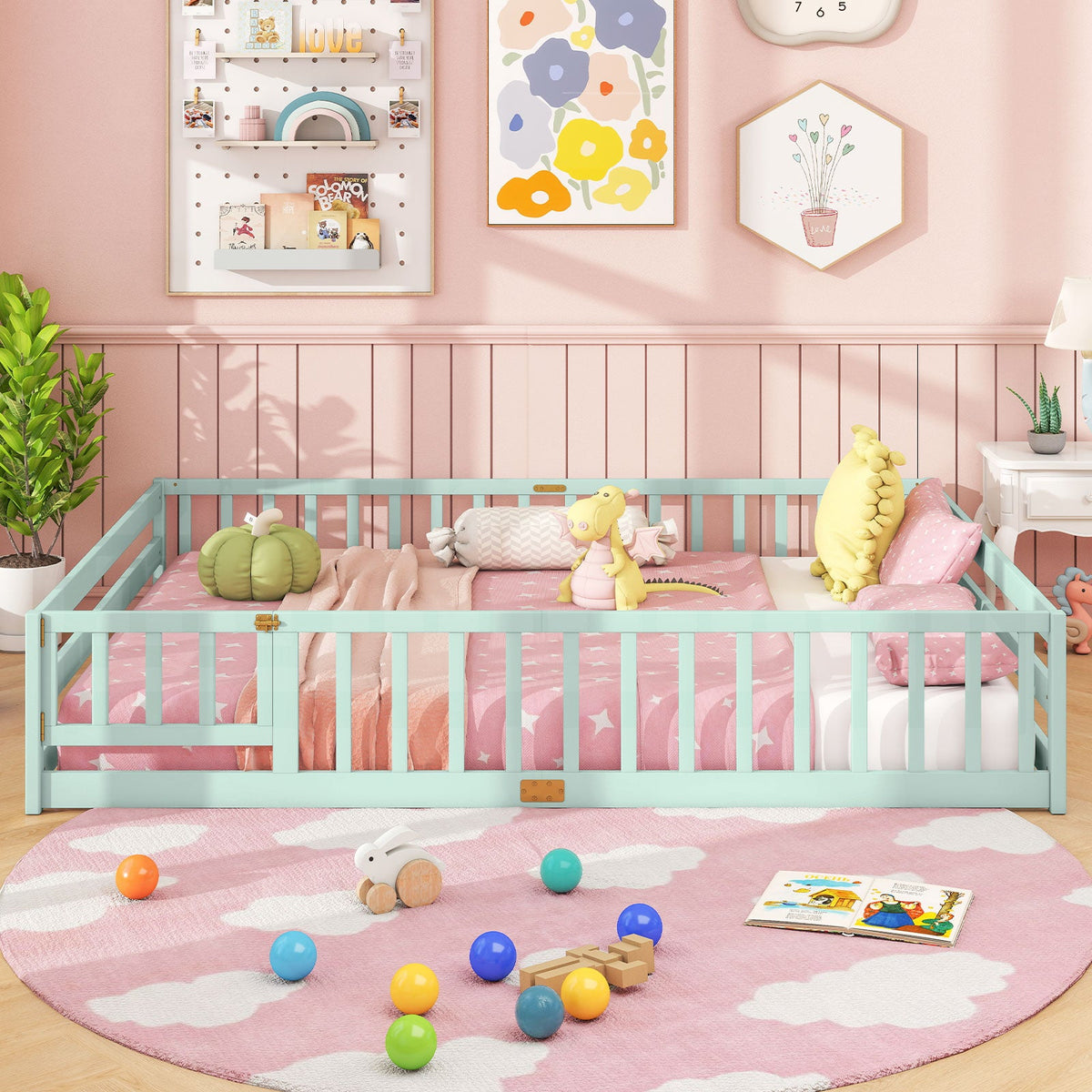 Queen Size Floor Bed Kids Montessori Bed Frame with Full Length Safety Guardrails-Simple Bed Frame-DECOROLALA