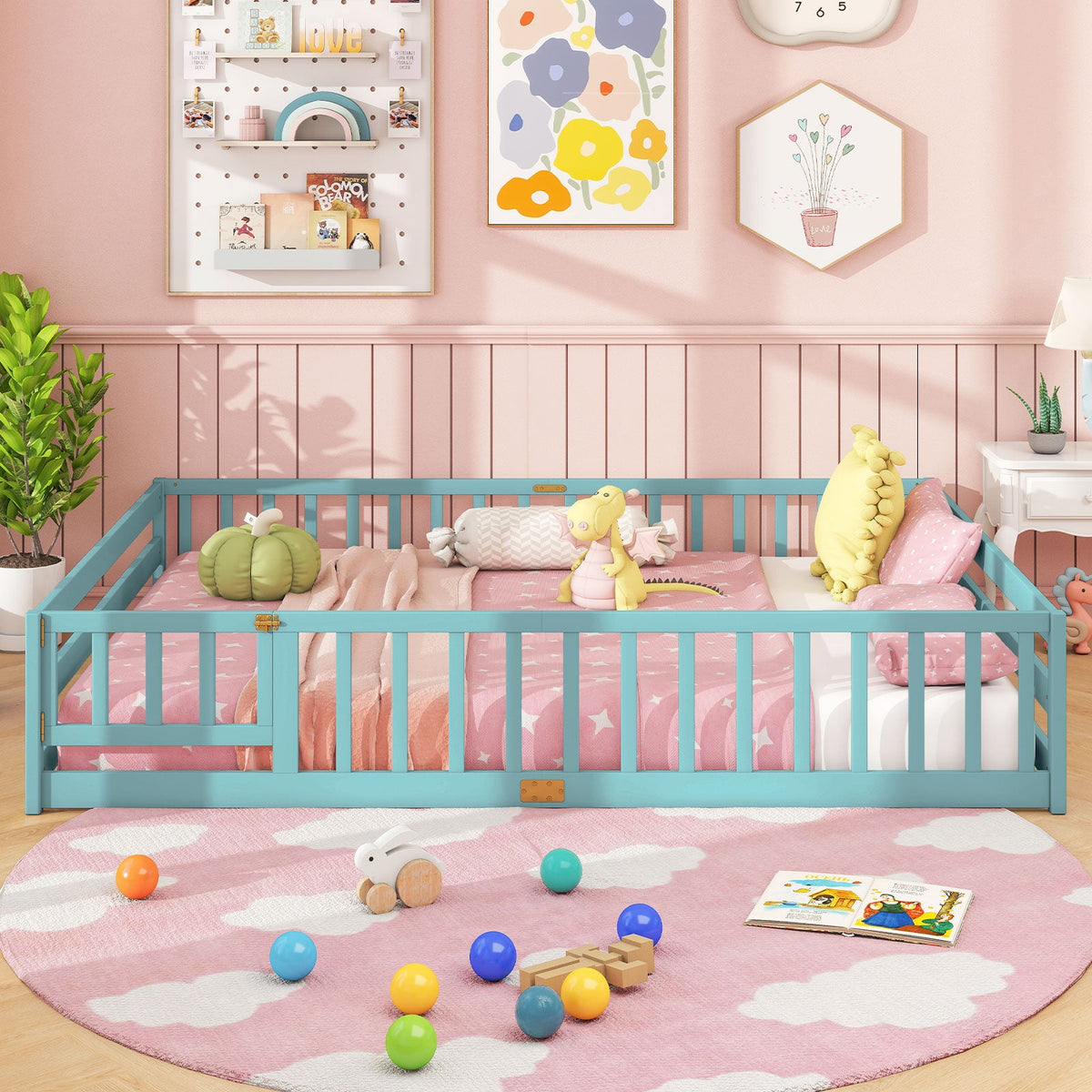 Queen Size Floor Bed Kids Montessori Bed Frame with Full Length Safety Guardrails-Simple Bed Frame-DECOROLALA