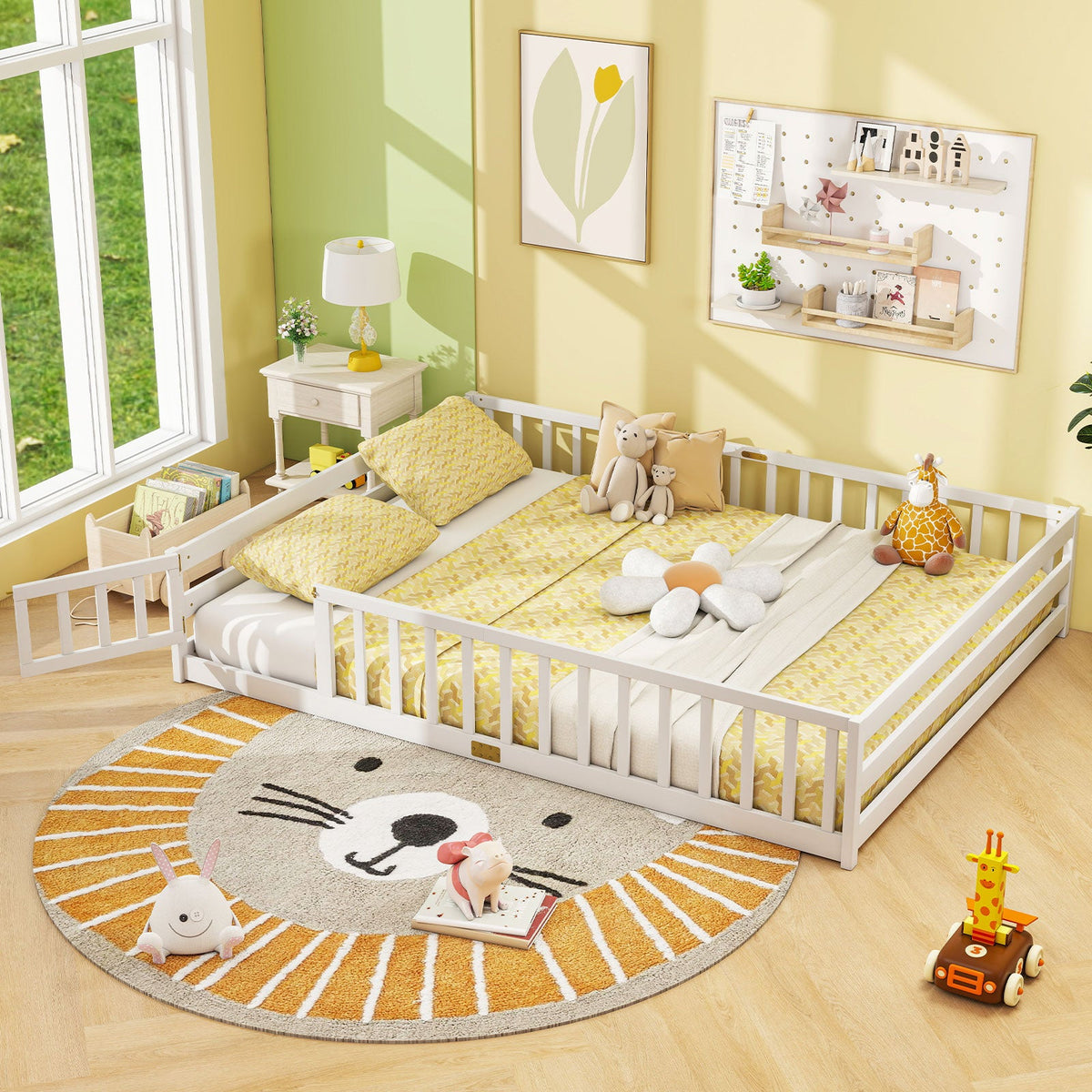 Queen Size Floor Bed Kids Montessori Bed Frame with Full Length Safety Guardrails-Simple Bed Frame-DECOROLALA