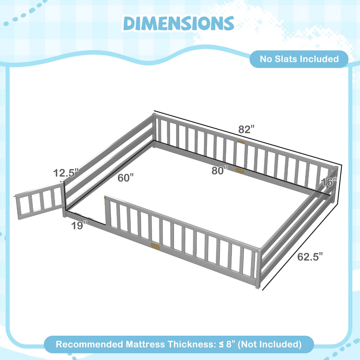 Queen Size Floor Bed Kids Montessori Bed Frame with Full Length Safety Guardrails-Simple Bed Frame-DECOROLALA