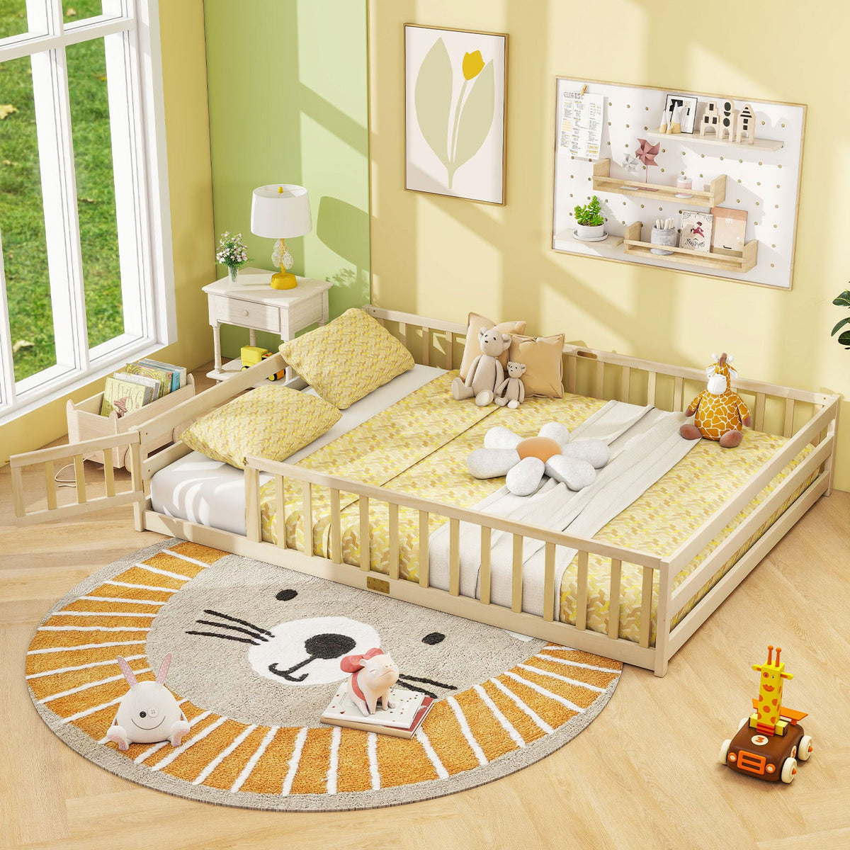 Queen Size Floor Bed Kids Montessori Bed Frame with Full Length Safety Guardrails-Simple Bed Frame-DECOROLALA