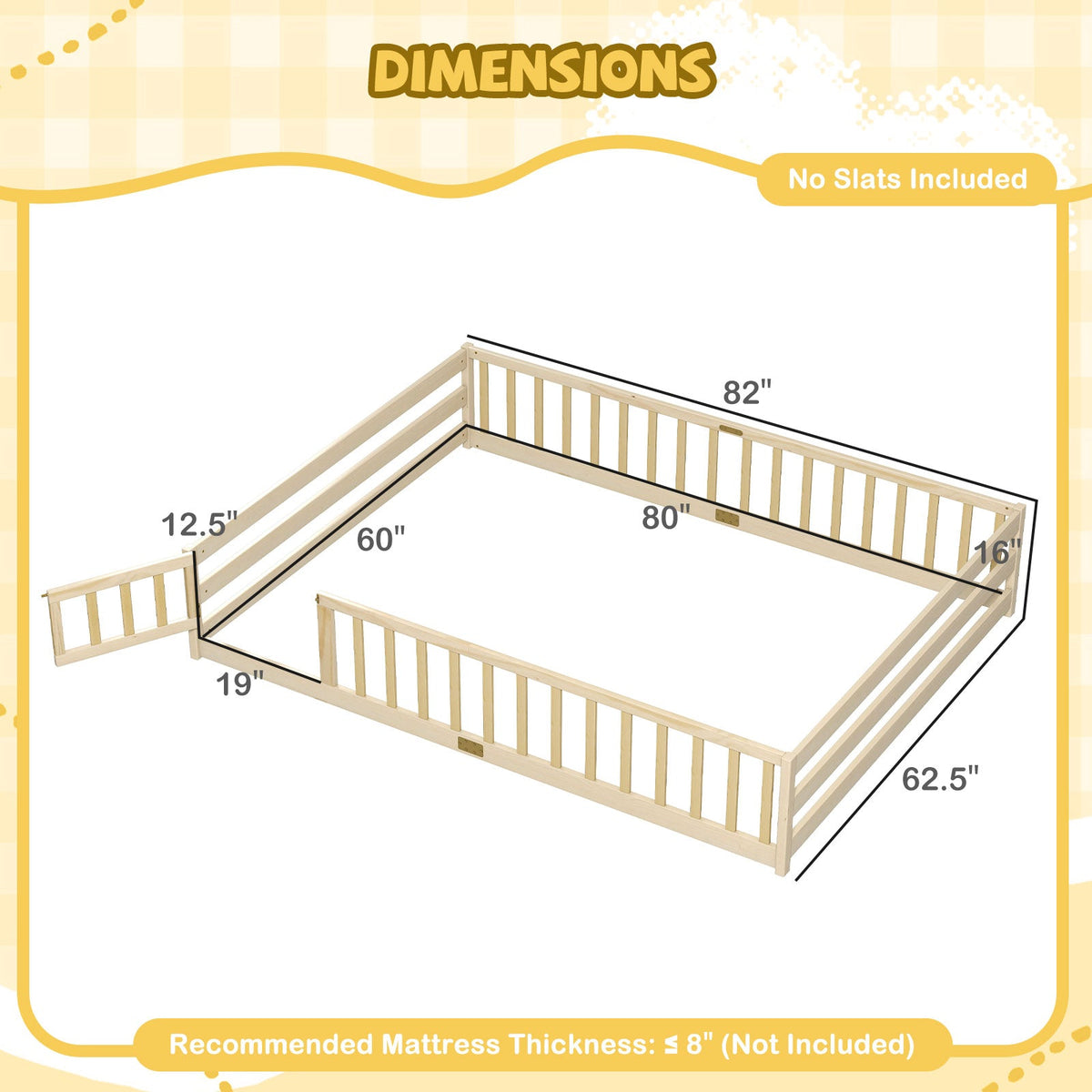 Queen Size Floor Bed Kids Montessori Bed Frame with Full Length Safety Guardrails-Simple Bed Frame-DECOROLALA