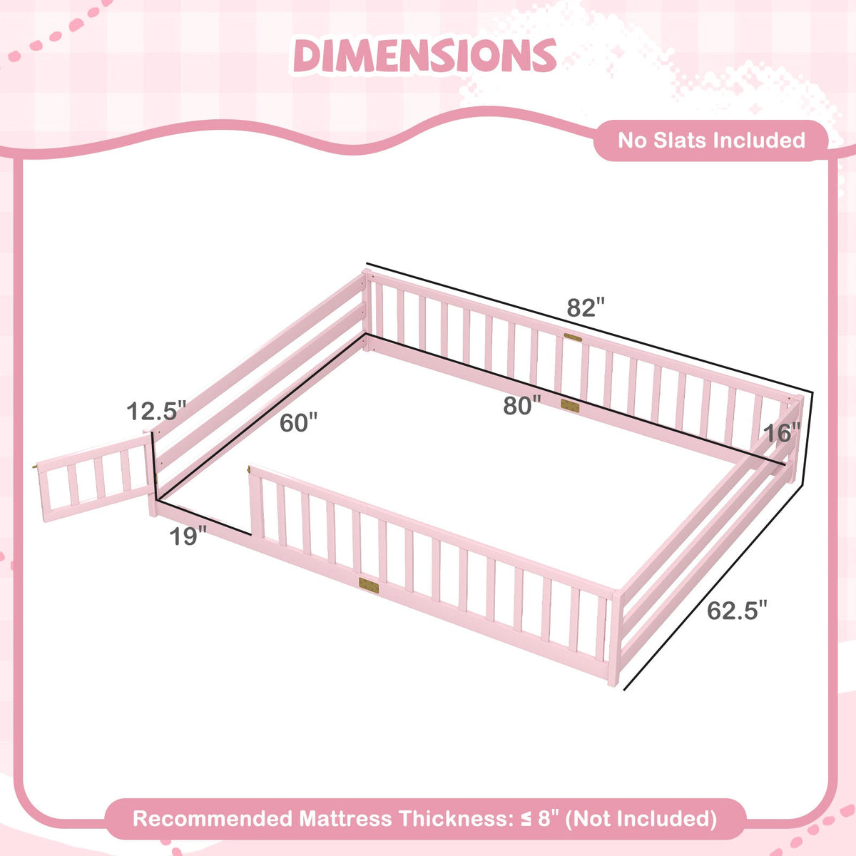 Queen Size Floor Bed Kids Montessori Bed Frame with Full Length Safety Guardrails-Simple Bed Frame-DECOROLALA
