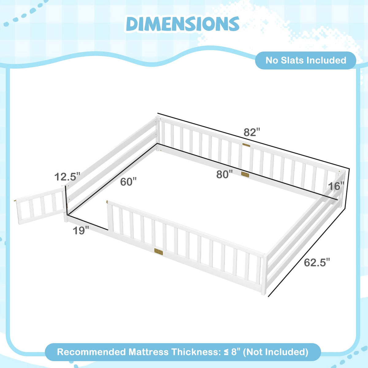 Queen Size Floor Bed Kids Montessori Bed Frame with Full Length Safety Guardrails-Simple Bed Frame-DECOROLALA