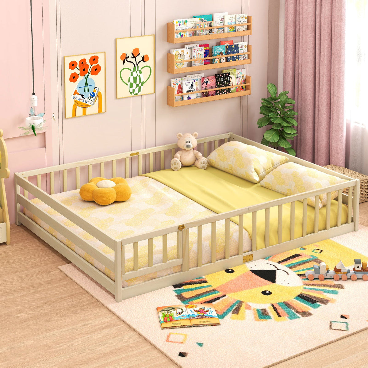 Queen Size Floor Bed Kids Montessori Bed Frame with Full Length Safety Guardrails-Simple Bed Frame-DECOROLALA