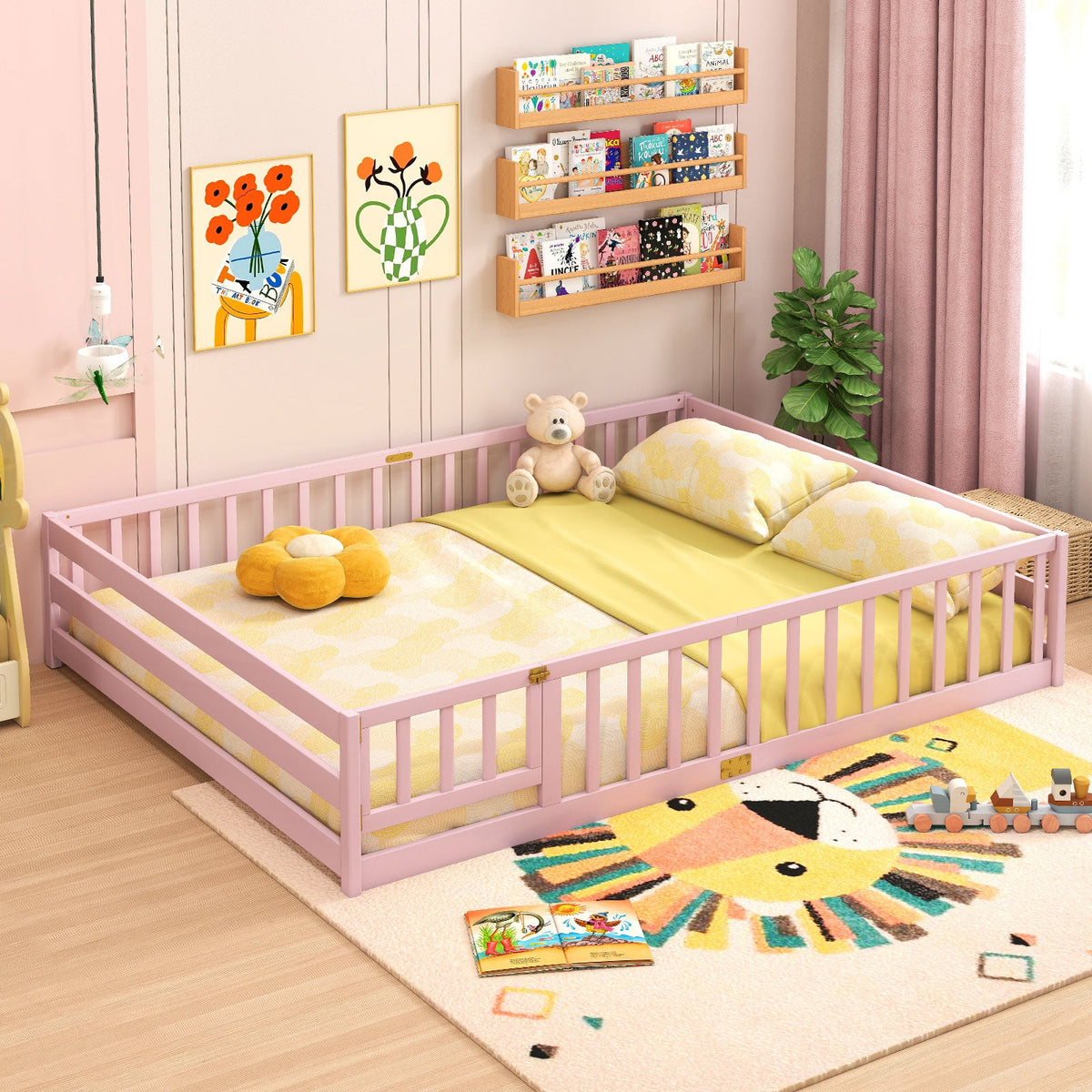 Queen Size Floor Bed Kids Montessori Bed Frame with Full Length Safety Guardrails-Simple Bed Frame-DECOROLALA