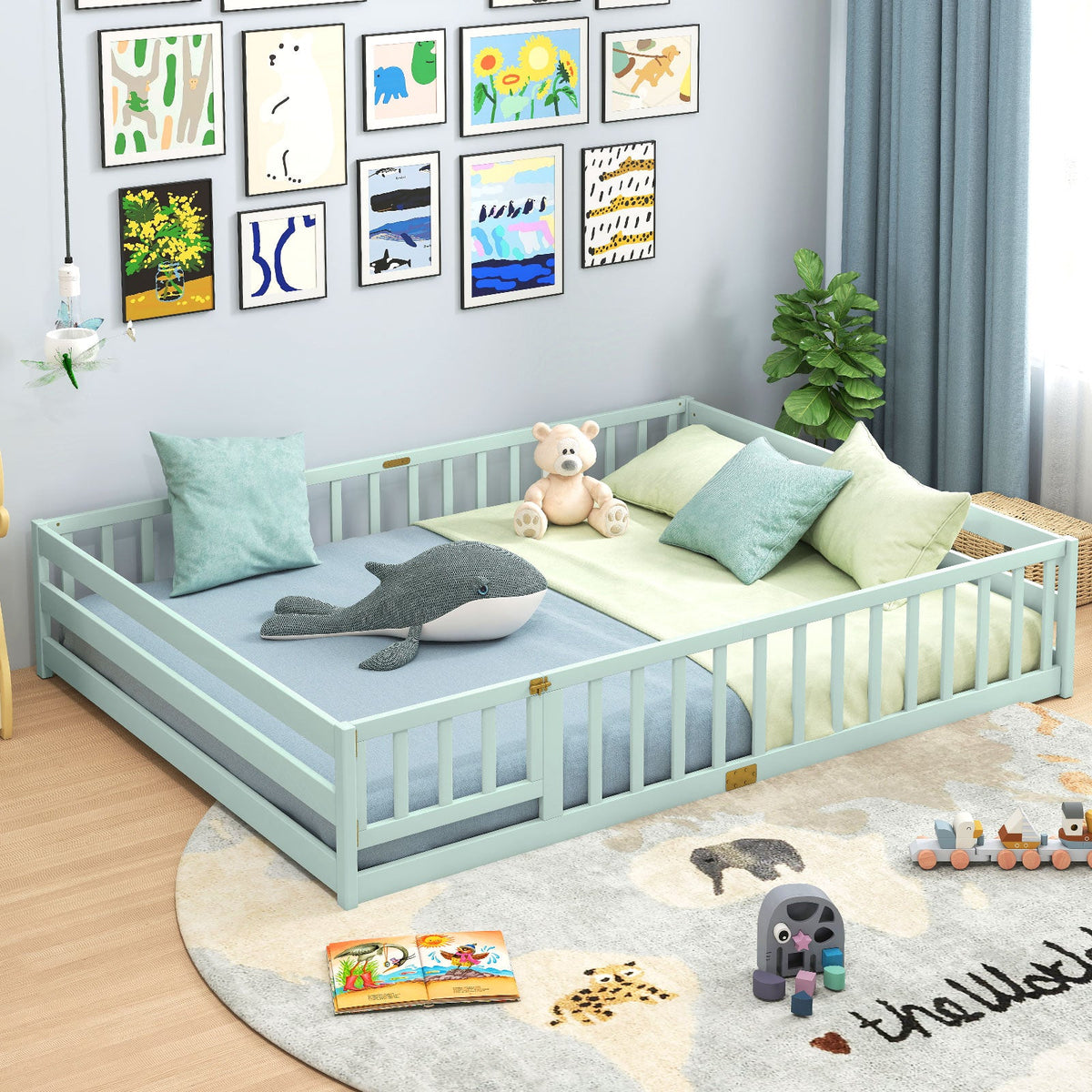 Queen Size Floor Bed Kids Montessori Bed Frame with Full Length Safety Guardrails-Simple Bed Frame-DECOROLALA