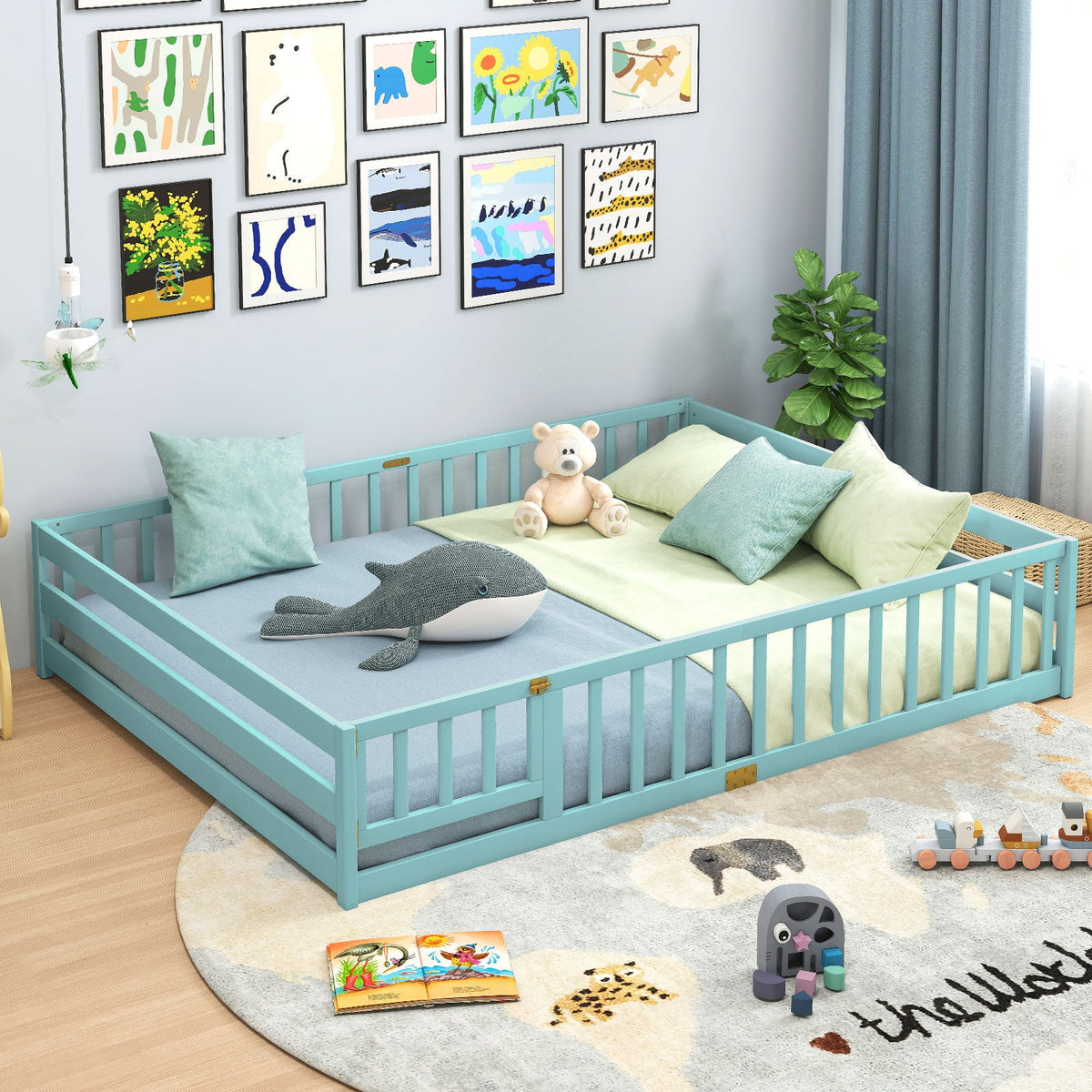Queen Size Floor Bed Kids Montessori Bed Frame with Full Length Safety Guardrails-Simple Bed Frame-DECOROLALA
