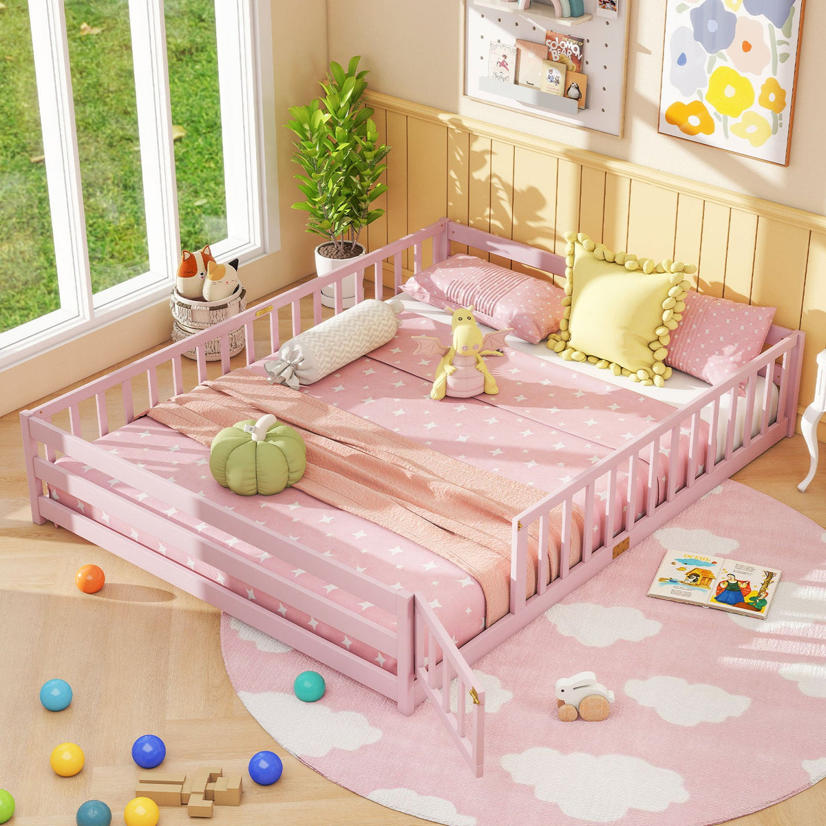Queen Size Floor Bed Kids Montessori Bed Frame with Full Length Safety Guardrails-Simple Bed Frame-DECOROLALA