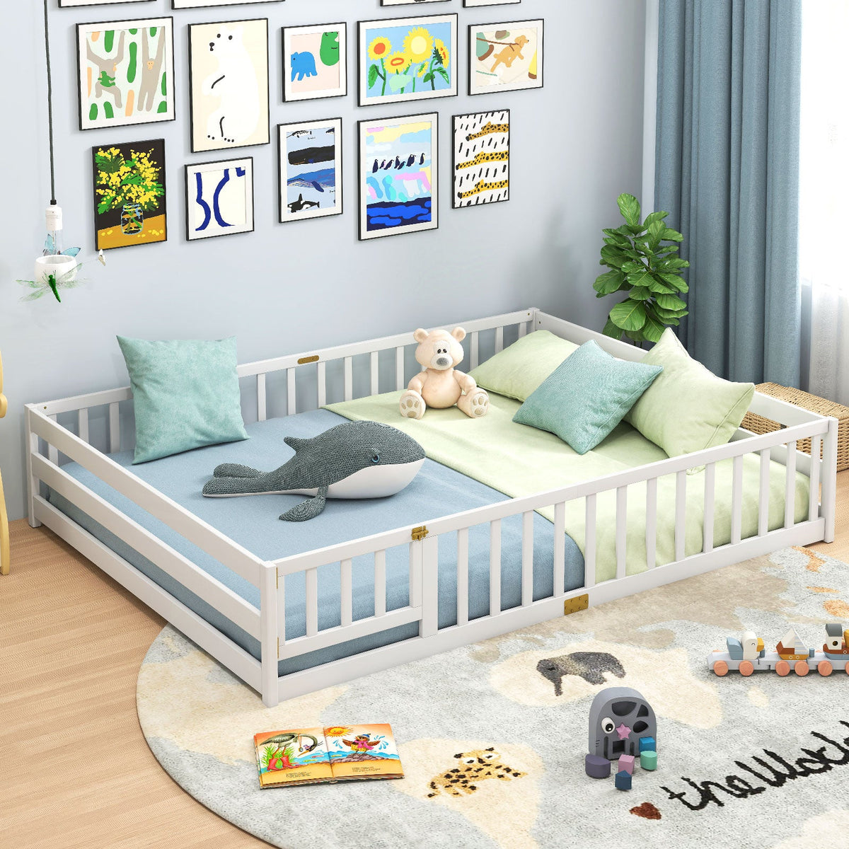 Queen Size Floor Bed Kids Montessori Bed Frame with Full Length Safety Guardrails-Simple Bed Frame-DECOROLALA