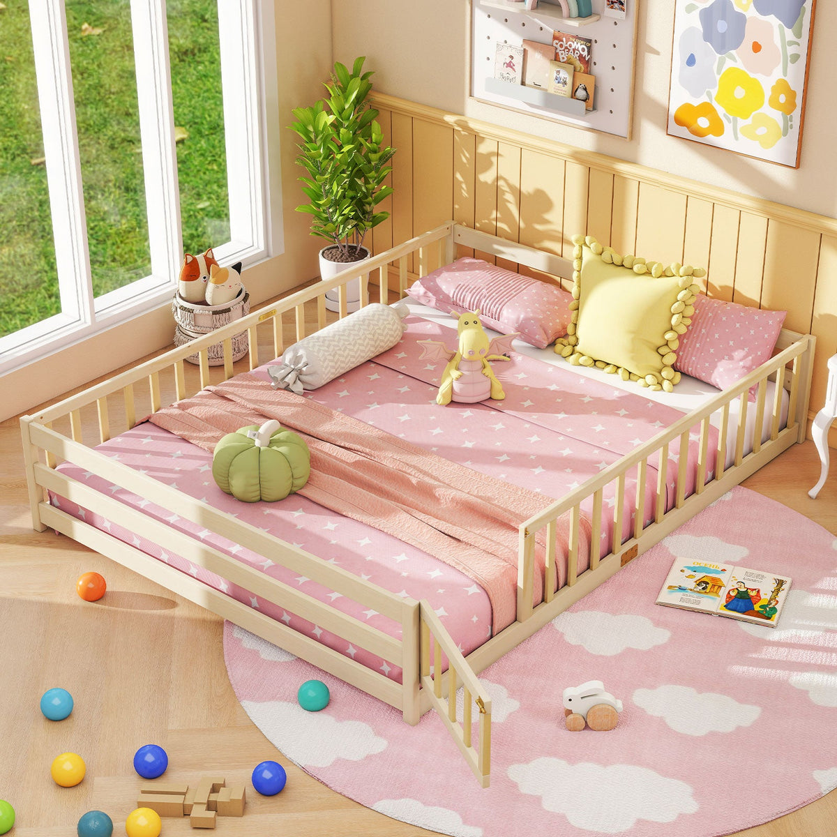 Queen Size Floor Bed Kids Montessori Bed Frame with Full Length Safety Guardrails-Simple Bed Frame-DECOROLALA