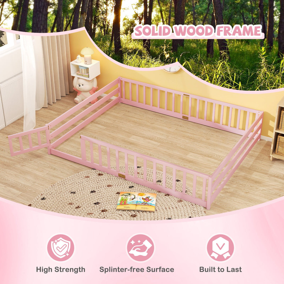 Queen Size Floor Bed Kids Montessori Bed Frame with Full Length Safety Guardrails-Simple Bed Frame-DECOROLALA