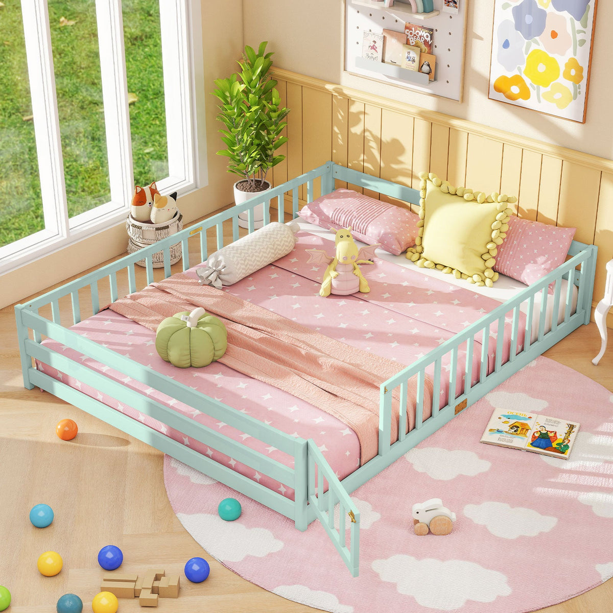 Queen Size Floor Bed Kids Montessori Bed Frame with Full Length Safety Guardrails-Simple Bed Frame-DECOROLALA