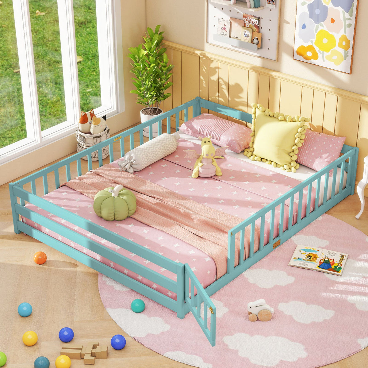 Queen Size Floor Bed Kids Montessori Bed Frame with Full Length Safety Guardrails-Simple Bed Frame-DECOROLALA