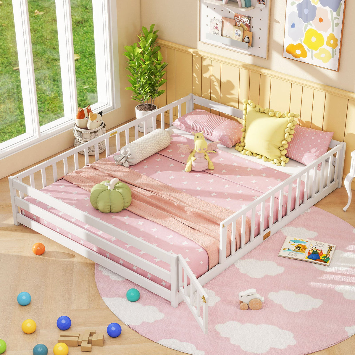 Queen Size Floor Bed Kids Montessori Bed Frame with Full Length Safety Guardrails-Simple Bed Frame-DECOROLALA