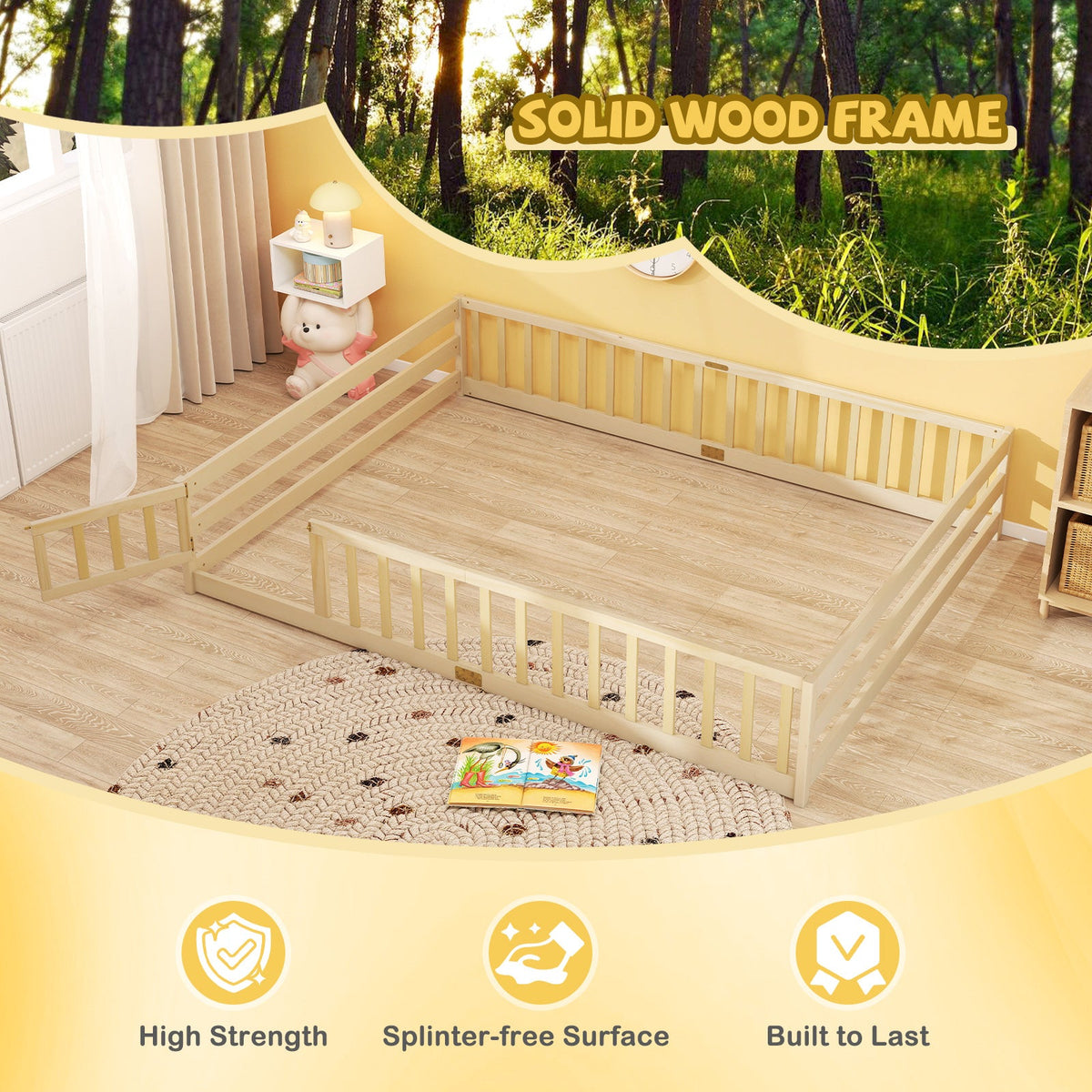 Queen Size Floor Bed Kids Montessori Bed Frame with Full Length Safety Guardrails-Simple Bed Frame-DECOROLALA