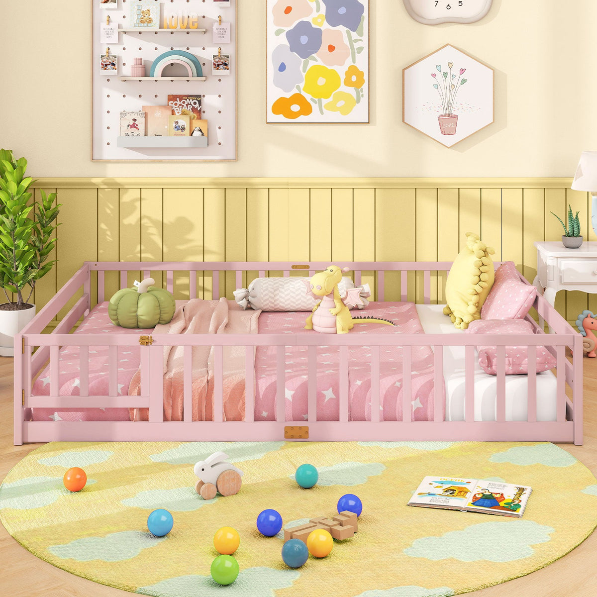 Queen Size Floor Bed Kids Montessori Bed Frame with Full Length Safety Guardrails-Simple Bed Frame-DECOROLALA